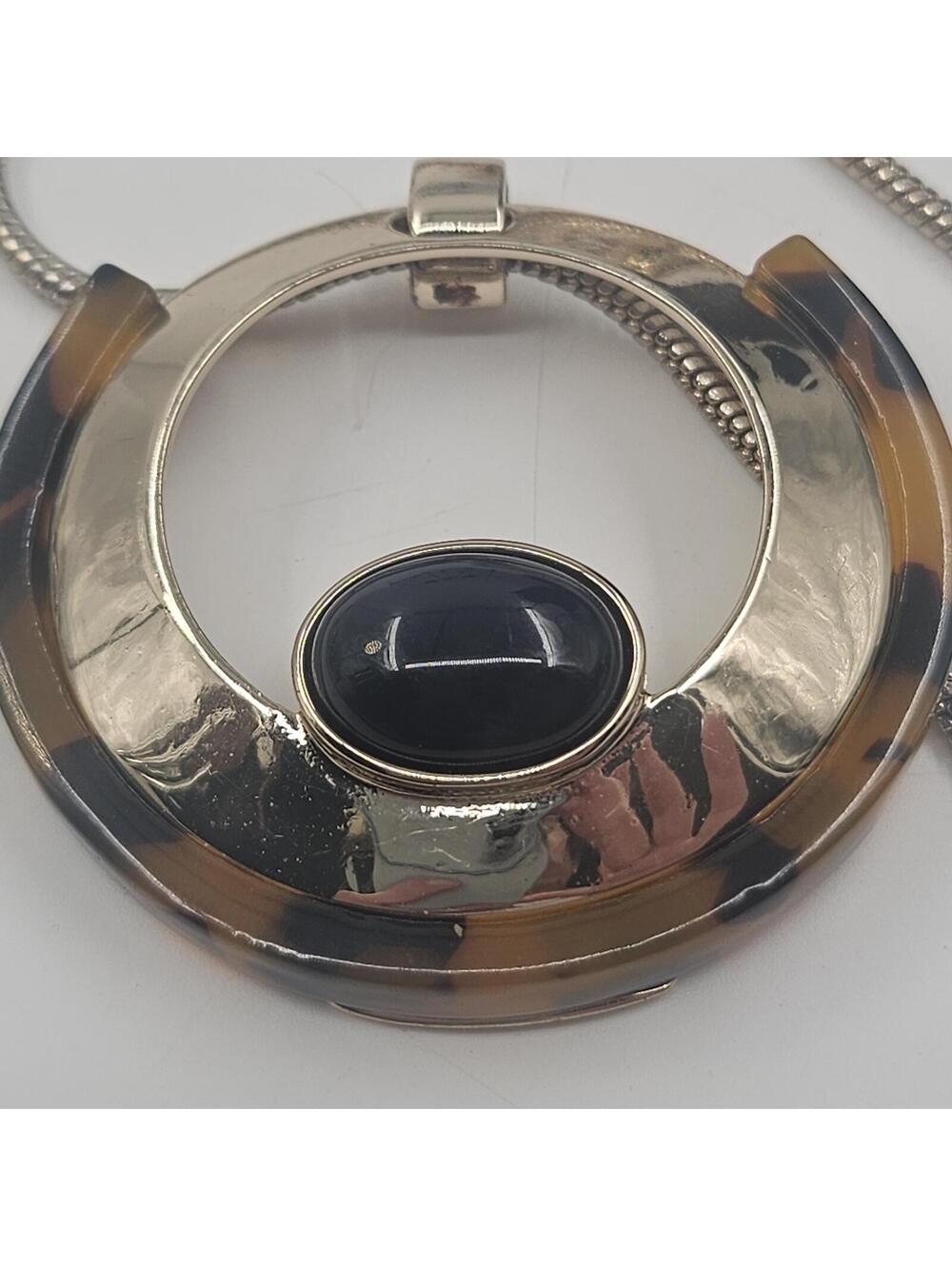 Chico's Tortoise Lucite Opera Length Necklace Snake Chain Gld Tone Statement 40"